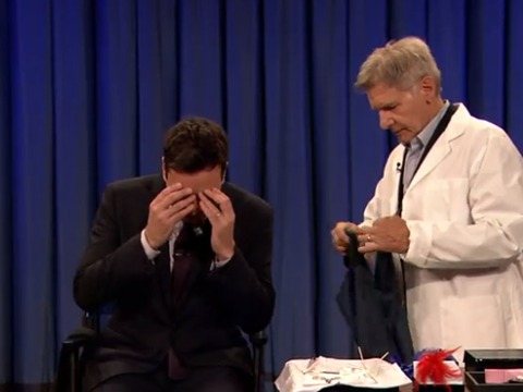 Big Boy Scared of Needles! Harrison Ford Pierces Jimmy Fallon's Ear on 'Late Night'
