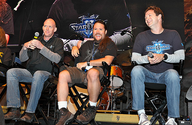 Blizzard Entertainment executive vice president of product development, Frank Pearce, senior art director, Sam Didier, and executive vice president of game design, Rob Pardo, answer questions from a massive crowd that lined up to celebrate the midnight launch of StarCraft II: Wings of Liberty. star-craft2.jpg